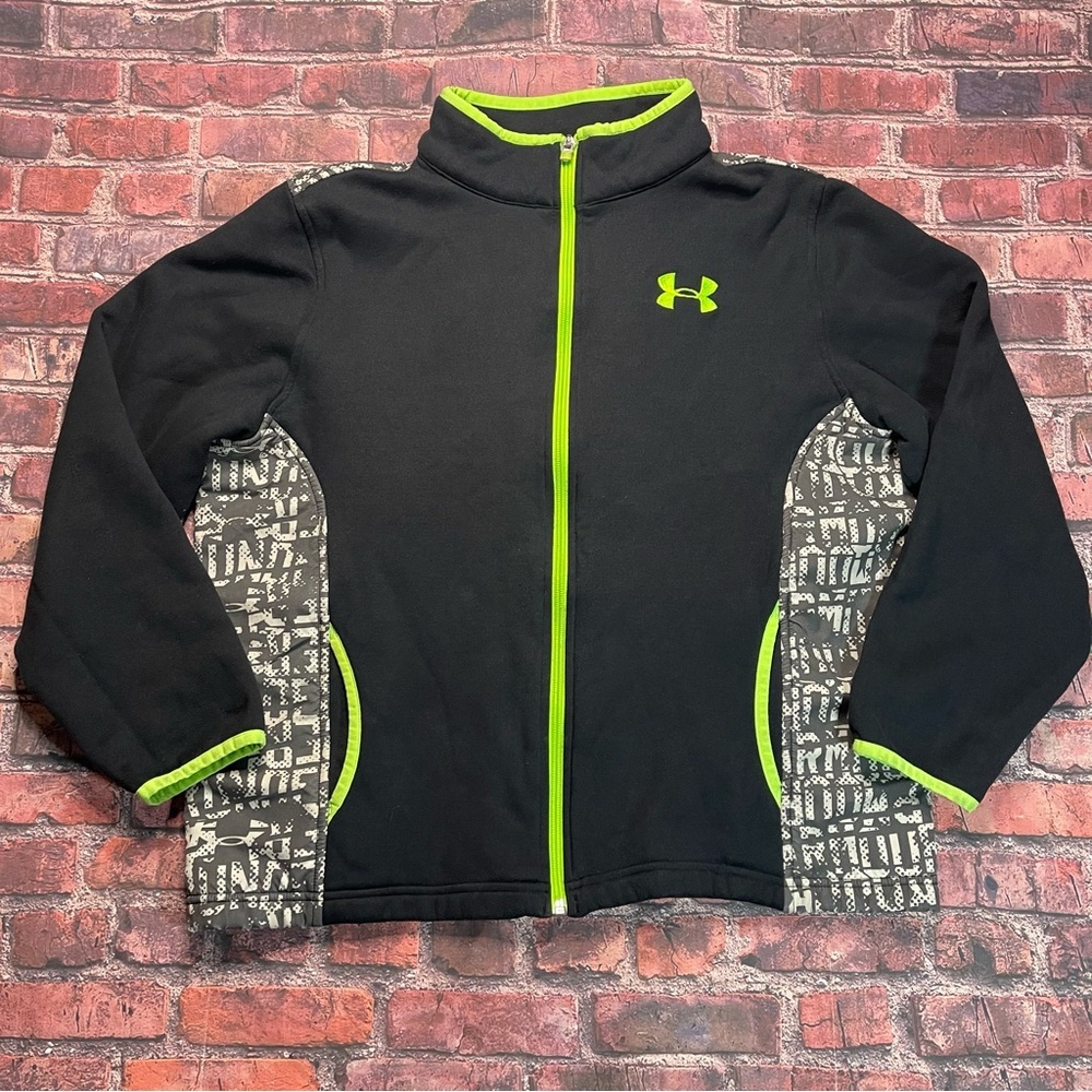 Boys Kids Under Armour Black Fleece Hooded Zip Up Jacket Youth Large XXL Neon